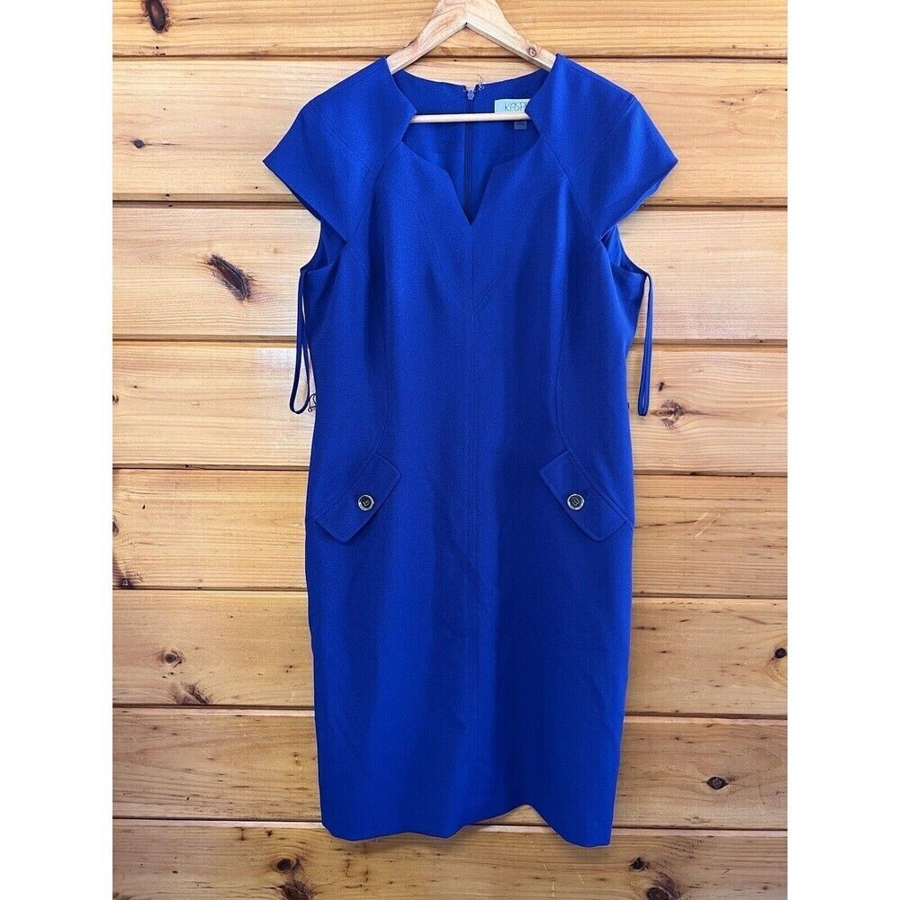 Kasper Dress Women Blue Lined V Neck Notched Cap Sleeves Preppy Lined Sz 14